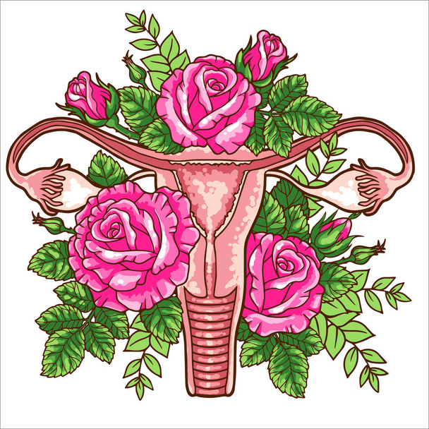 Женская репродуктивная система с цветами. Понятие феминизма. Красивая цветочная матка - Вектор,изображение