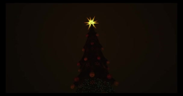 Grote gloeiende versierde verlichting kerstboom buiten. Wintervakantie. - Video
