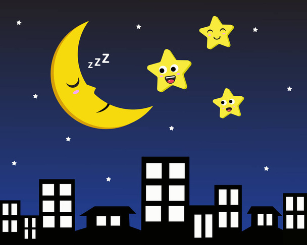 sleepy moon and smile stars illustration - Vector, Image