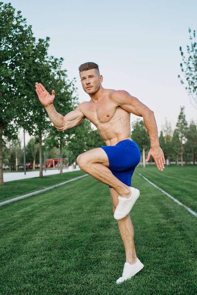 athletic man with a pumped-up torso exercise in the park fitness - Fotó, kép