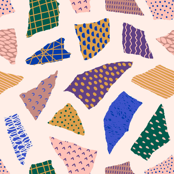 Colagem pedaços de papel rasgado com diferentes mão desenhar texturas padrão sem costura em estilo contemporâneo. Contexto do vetor - Vetor, Imagem