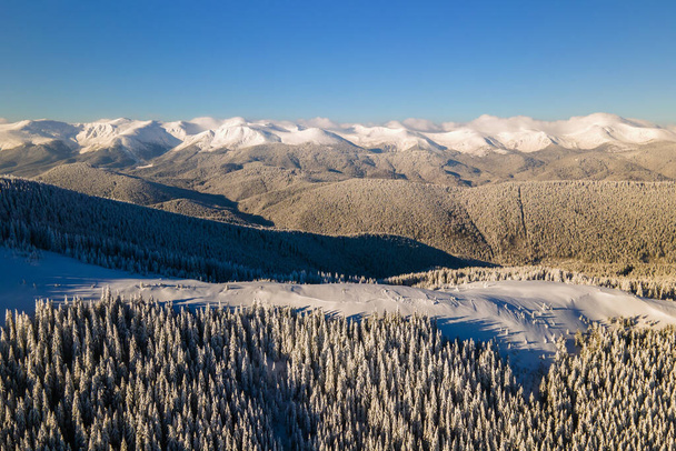 Légi kilátás téli táj hegyvidéki dombok borított örökzöld fenyőerdő után nehéz hóesés a hideg fényes napon - Fotó, kép