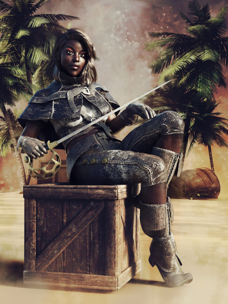 Piratenmeisje zit op een houten krat op het strand van een onbewoond eiland. 3D-weergave. - Foto, afbeelding