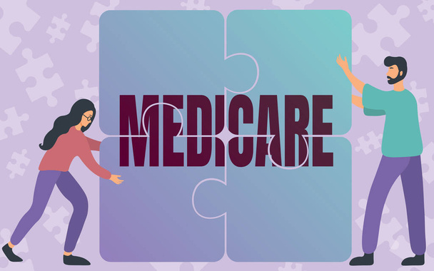Szöveg megjelenítése Medicare. Szó a szövetségi kormány terve az USA-ban fizet bizonyos kórházi kollégák Rajz négy darab kirakós együtt csapatmunka. - Fotó, kép