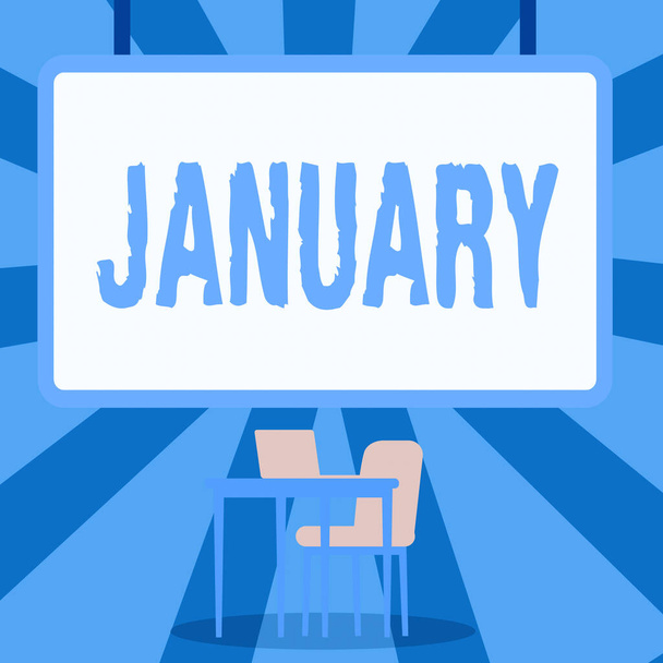 Υπογραφή προβολής Ιανουαρίου. Επιχειρηματική προσέγγιση πρώτο μήνα του έτους και θεωρείται ο δεύτερος μήνας του χειμώνα Λευκό πίνακα με φορητό υπολογιστή τοποθετείται στην κορυφή του τραπεζιού με καρέκλα. - Φωτογραφία, εικόνα