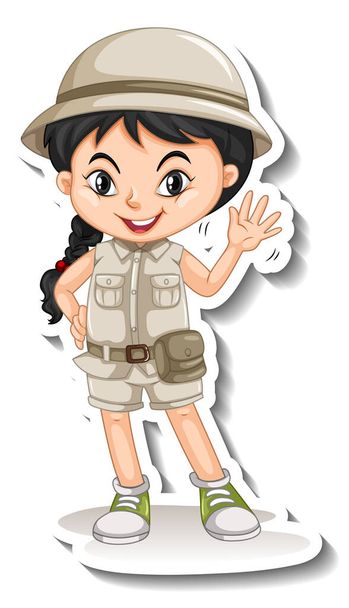Fille en safari costume dessin animé personnage autocollant illustration - Vecteur, image
