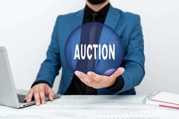 Text sign showing Auction. Business idea Public sale Goods or Property sold to highest bidder Purchase Lawyer Explaining Trial Proceedings, Real Estate Agent Offering Property - Фото, зображення