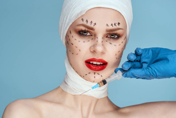 beautiful woman Red lips plastic surgery operation bare shoulders studio lifestyle - Foto, imagen