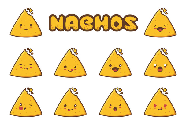 Cartone animato simpatico nachos. emoticon, con diverse espressioni facciali - Vettoriali, immagini