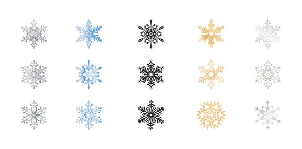 15 conjunto de elementos com desenho vetorial floco de neve. ilustração neve com cinco cores cinza, azul, ouro, preto e prata. aplicável para cartão de saudação, banner, cartaz e padrão de impressão gráfica sem costura - Vetor, Imagem