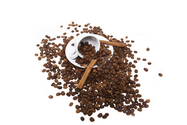 A cup of hot coffee and coffee beans on a white table background.  Turkish coffee. - Photo, Image