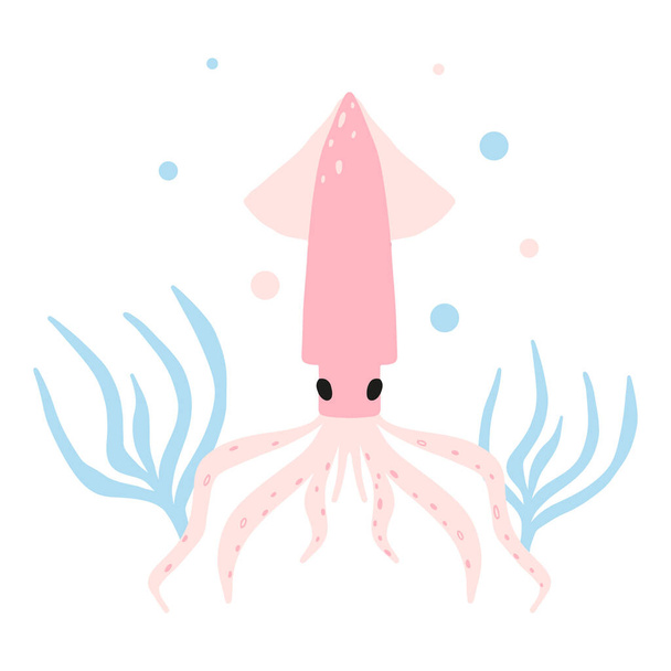 Childrens illustration of squid with seaweed. Hand drawn poster with cute squid in cartoon style. The illustrations are suitable for postcards, labels and posters for the nursery. - Вектор, зображення