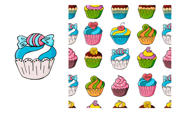 Set di elementi e modello senza soluzione di continuità. Cupcake, muffin. Ideale per abbigliamento per bambini - Vettoriali, immagini