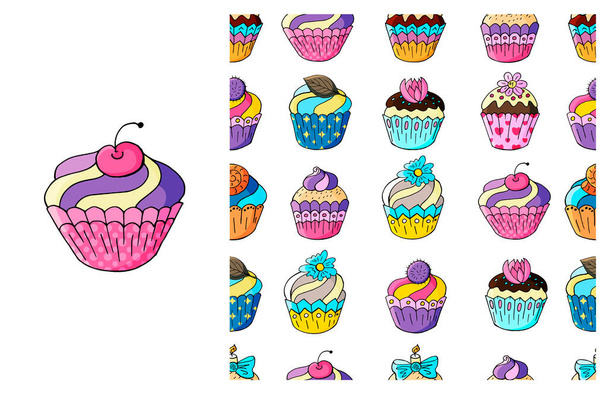 Cupcake, muffin. Set of element and seamless pattern. Ideal for children's clothing. Sweet pastries. Can be used for fabric, packaging, wrapping paper and etc - ベクター画像