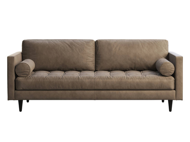 Σκανδιναβικός τριθέσιος δερμάτινος καναπές. Καφέ δερμάτινη ταπετσαρία φουντωτός καναπές με μαξιλάρια σε λευκό φόντο. Μεσαίωνας, Λοφτ, Σαλέ, Σκανδιναβικό εσωτερικό. 3d απόδοση - Φωτογραφία, εικόνα