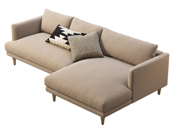 Chalé sofá estofados tecido marrom com chaise lounge. Tecido de estofos sofá canto com travesseiros no fundo branco. Meados do século, Chalé, interior escandinavo. Renderização 3d - Foto, Imagem