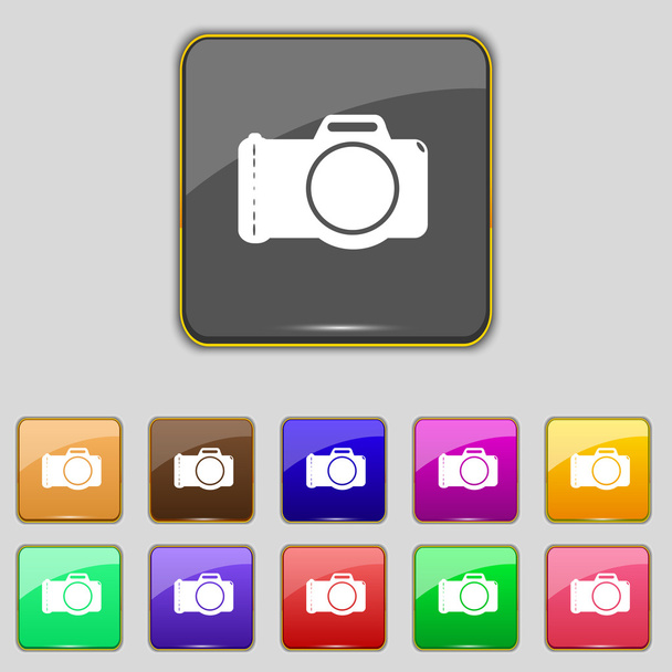 Photo camera sign icon. Digital symbol. Set colourful buttons. Vector - Vecteur, image