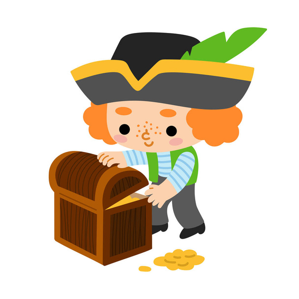 Cartoon vector illustratie voor kinderen, karakter piraat jongen en schatkist - Vector, afbeelding