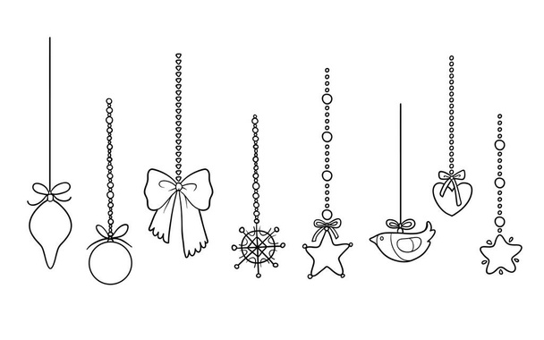 Juguetes de árbol de Navidad en blanco y negro. Conjunto de decoraciones de dibujos animados de invierno - Vector, imagen