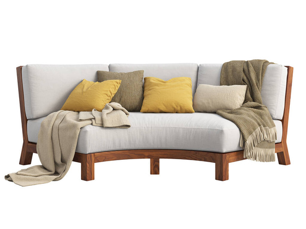 Μοντέρνος ημικυκλικός εξωτερικός καναπές με μαξιλάρια και πλεξούδες. Καμπυλωτός καναπές με ξύλινη βάση, μαξιλάρια υφασμάτινης ταπετσαρίας και πλεκτές πλεξούδες σε λευκό φόντο. Μεσαίωνας, Chalet, Σκανδιναβικό εσωτερικό. 3d απόδοση - Φωτογραφία, εικόνα