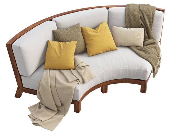 Сучасний напівкруглий диван з подушками і кидайками. Вигнутий диван з дерев'яною основою, полотняні оббивні подушки і в'язані кидки на білому тлі. У середині століття, халет, скандинавський інтер'єр. 3d рендеринг - Фото, зображення