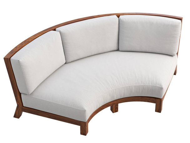Canapé d'extérieur semi-circulaire moderne. Canapé incurvé avec base en bois et revêtement en tissu sur fond blanc. Au milieu du siècle, Chalet, intérieur scandinave. 3d rendu - Photo, image