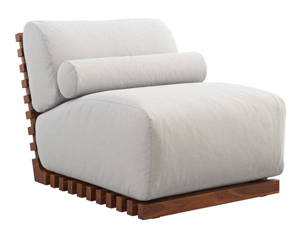 Moderni ulkotuoli puinen pohja. Valkoinen kangas verhoilu tuoli rulla tyyny valkoisella pohjalla. Vuosisadan puolivälissä, Chalet, Skandinavian sisustus. 3d renderointi - Valokuva, kuva