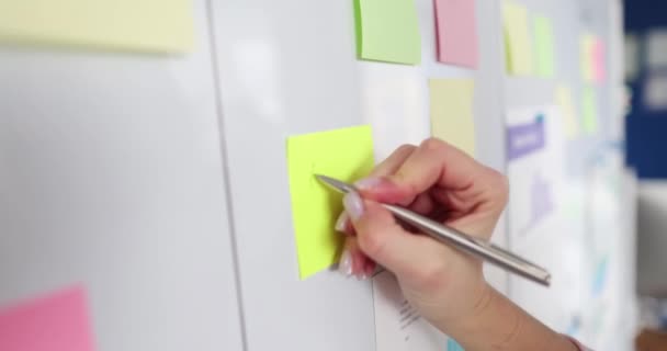 Manager schrijft plan op wit bord op sticker slow motion 4k film - Video