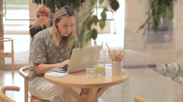 Nainen istuu pöydässä kannettavan tietokoneen kanssa kahvilassa  - Materiaali, video