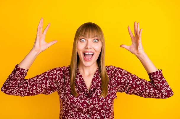 Photo portrait of blonde woman amazed keeping head staring opened mouth gesturing hands isolated vibrant yellow color background - Valokuva, kuva