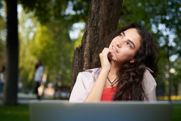 woman with laptop sitting on the grass business technology - Foto, Imagem