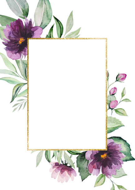 Akvarell lila bazsarózsa virágok abd zöld levelek arany téglalap alakú keret illusztráció másolási hely elszigetelt fehér esküvői álló, üdvözlőlapok, tapéták, kézműves. Zöldség kézzel festett keret. szöveges szöveggel - Fotó, kép