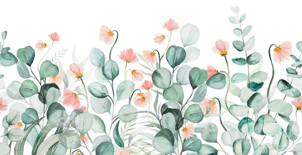 Watercolor light green eucaliptus branches, leaves and pink wildflowers seamless border illustration isolated on white for autumn and winter wedding stationary, greetings cards, wallpapers, crafting. Greenery Hand painted border - Photo, Image