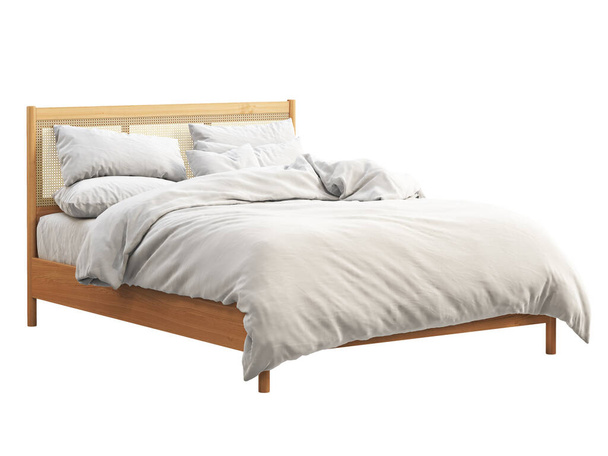 Połowa wieku drewniane podwójne łóżko z wikliny zagłówka. Skandynawski styl podwójne łóżko z pościelą i poduszki na białym tle. Połowa wieku, Schronisko, skandynawskie wnętrze. 3d renderowanie - Zdjęcie, obraz