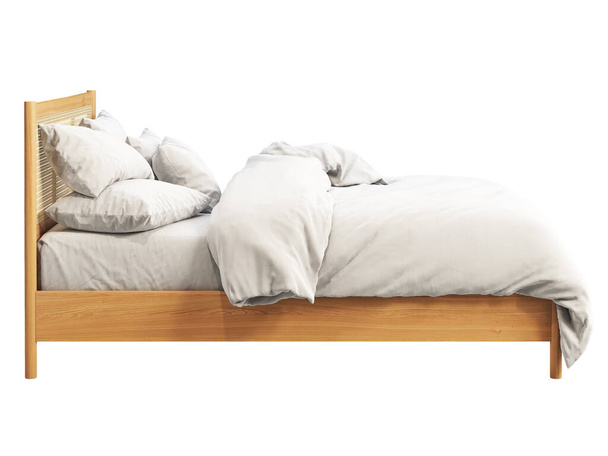 Hasır yatak başlıklı, çift kişilik ahşap bir yatak. İskandinav tarzı çift kişilik yatak, beyaz arka planda yatak örtüleri ve yastıklar. Yüzyılın ortalarında, Chalet, İskandinav iç mimarisi. 3d hazırlayıcı - Fotoğraf, Görsel