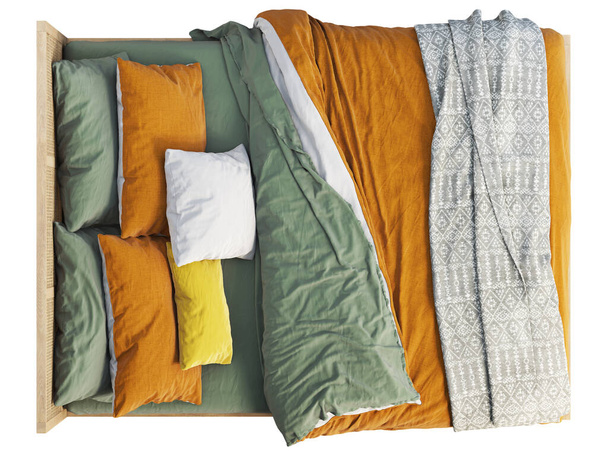 Połowa wieku drewniane podwójne łóżko z wikliny zagłówka i deski. Skandynawski styl podwójne łóżko z pościelą, poduszki i rzucać kratę na białym tle. Połowa wieku, Schronisko, skandynawskie wnętrze. 3d renderowanie - Zdjęcie, obraz