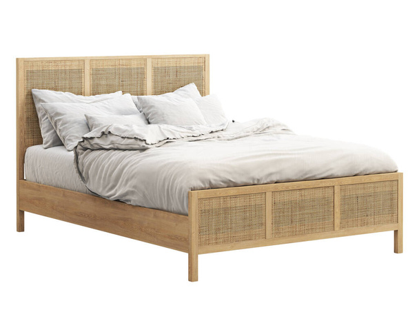 Połowa wieku drewniane podwójne łóżko z wikliny zagłówka i deski. Skandynawski styl podwójne łóżko z pościelą i poduszki na białym tle. Połowa wieku, Schronisko, skandynawskie wnętrze. 3d renderowanie - Zdjęcie, obraz