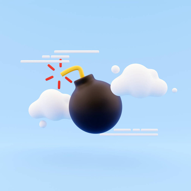 Ícone de bomba de renderização 3D com nuvem no fundo azul. Ícone de bomba de renderização 3D em fundo abstrato. - Foto, Imagem