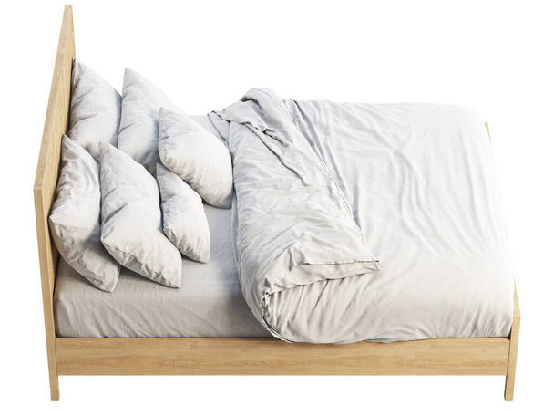 Poloviční dřevěná manželská postel s proutěným čelem a stupačkou. Skandinávský styl manželská postel s ložním prádlem a polštáře na bílém pozadí. V polovině století, Chalet, skandinávský interiér. 3D vykreslení - Fotografie, Obrázek