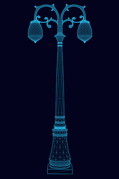Wireframe of a street decorative lamp made of blue lines isolated on a dark background. Front view. 3D. Vector illustration - Vetor, Imagem