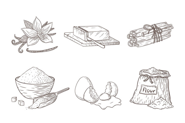 Set de ilustraciones grabadas de ingredientes para hornear. Colección de bocetos de alimentos dibujados a mano para el logotipo, receta, impresión, pegatina, diseño de menú de panadería y decoración - Vector, Imagen