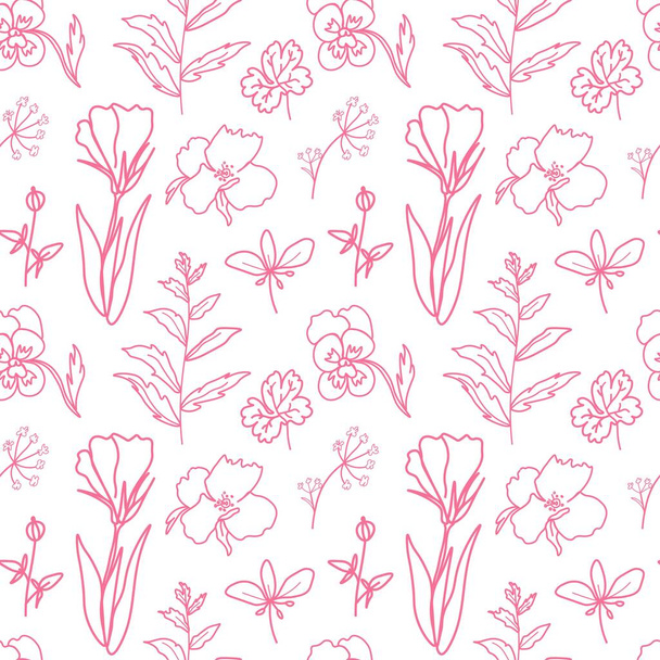 Padrão sem costura com flores vetoriais em Pacific Pink sobre fundo branco. Repetir, Floral, botânico impressão mão drawn.Design para papel de embrulho, embalagem, mídia social, têxteis, tecido. - Vetor, Imagem