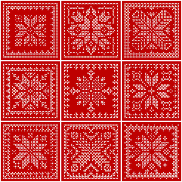 Trapunta natalizia plaid modello scandinavo ricamato a maglia. Tradizionale biscornu design ricamo geometrico redwork. Perfetto per il bordo a punto croce di Natale, design del telaio. Illustrazione vettoriale - Vettoriali, immagini