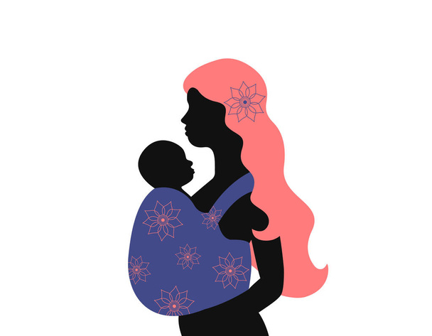 Silhouette einer Frau mit Tragetuch im Profil isoliert. Junge Mutter mit langen Haaren und Kind im Tragetuch. Abstraktes Blumendesign. Vektorillustration - Vektor, Bild