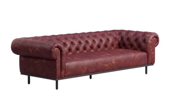 Circular animation of brown leather chesterfield sofa. Leather upholstery classic sofa with thin black metal legs on white background. Mid-century, Loft, Chalet, Scandinavian interior. 3d render - Footage, Video