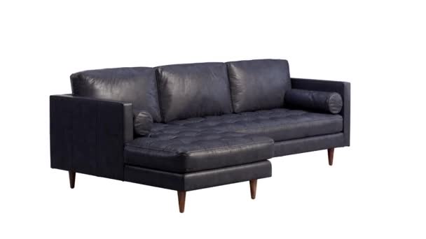 Animazione circolare di divano angolare in pelle scandinava. Divano chaise lounge rivestito in pelle nera con cuscini su sfondo bianco. Metà del secolo, Loft, Chalet, interni scandinavi. rendering 3d - Filmati, video