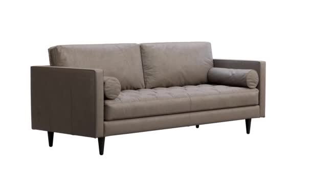 Animación circular del escandinavo sofá de cuero esquinero. Sofá chaise lounge tapizado en cuero negro con almohadas sobre fondo blanco. Mediados de siglo, Loft, Chalet, Interior escandinavo. 3d renderizar - Imágenes, Vídeo