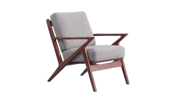 Circular animation of mid-century light gray fabric upholstery chair. Wooden base armchair on white background. Mid-century, Modern, Scandinavian, Loft interior. 3d render - Footage, Video