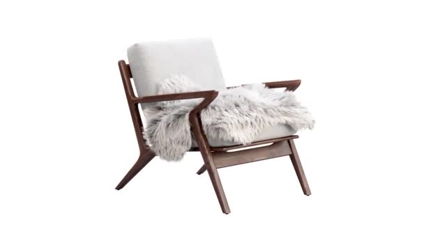 Animazione circolare di metà del secolo bianco tessuto tappezzeria appartamento sedia con pelliccia plaid. Sedia base in legno su sfondo bianco. Metà del secolo, Moderno, interno scandinavo. rendering 3d - Filmati, video