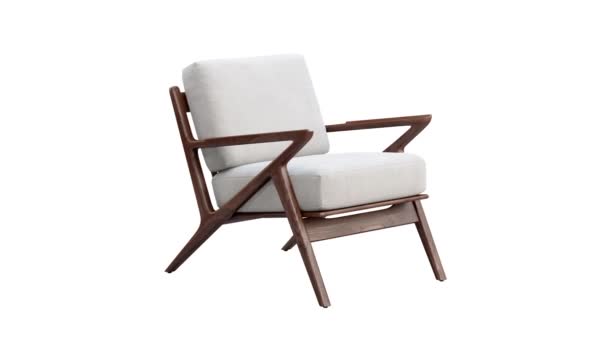 Kruhový animace poloviny století bílé textilie čalounění bytové židle. Dřevěné základní křeslo na bílém pozadí. V polovině století, moderní, skandinávský interiér. 3D vykreslení - Záběry, video